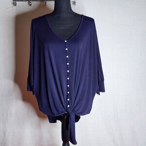 Karen Kane Navy Rayon Span Tie Front Button Up Blouson Sleeve Center Seam Top 1X